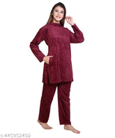 Soft wool women's nightsuit in XL size, featuring long sleeves and pyjama bottoms. Made by Ninish Apparel, India." (125 characters)